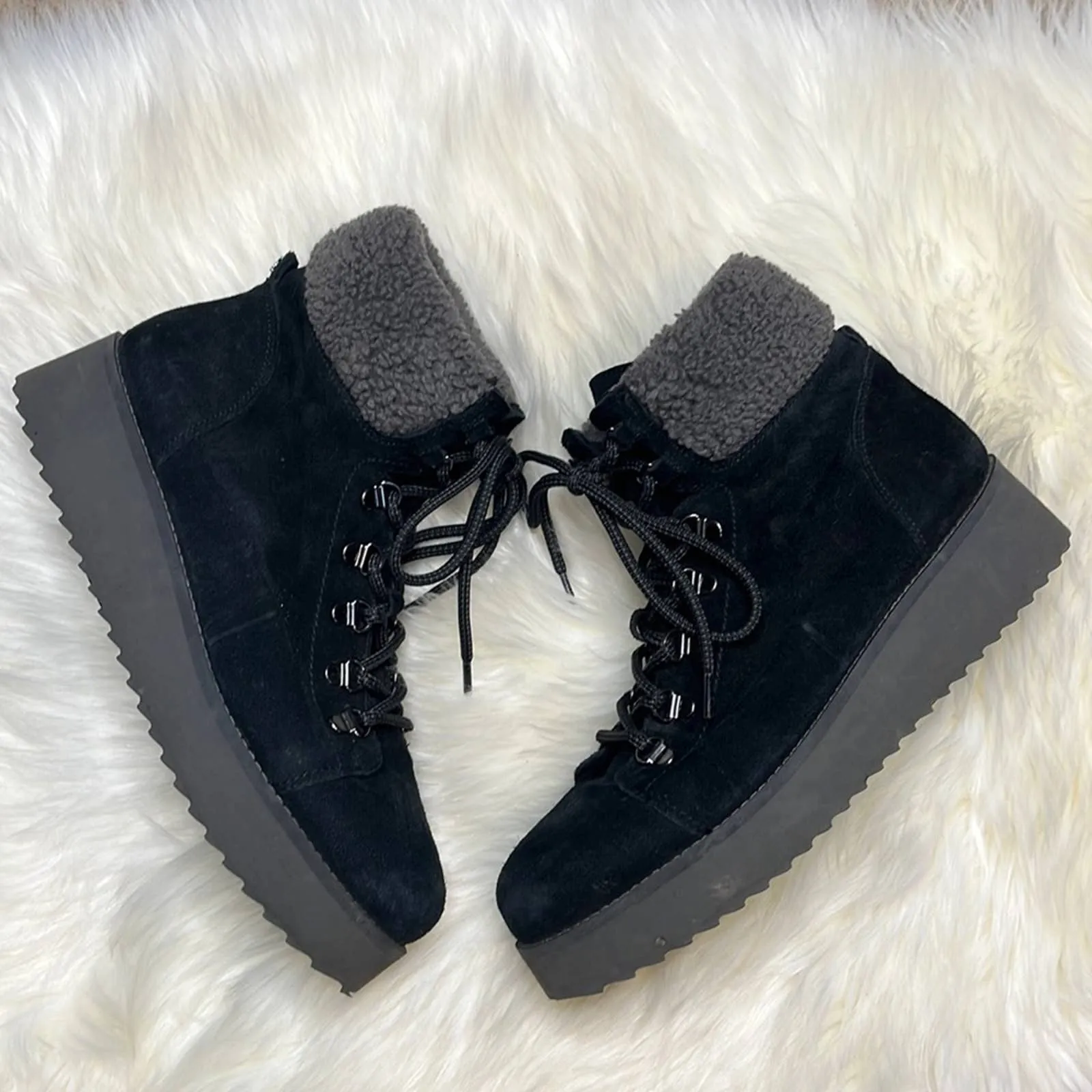Sz 10 Sam Edelman Black Faux Fur Franc Hiking Boots Shoes