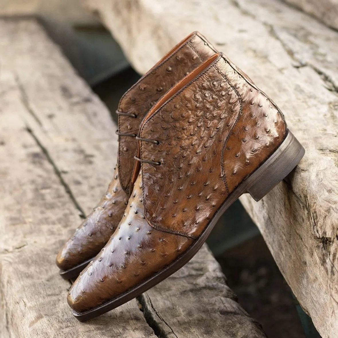 Tan Ostrich Print Leather Gabrovo Chukka Lace Up Boots