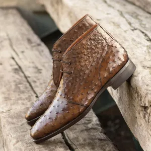 Tan Ostrich Print Leather Gabrovo Chukka Lace Up Boots