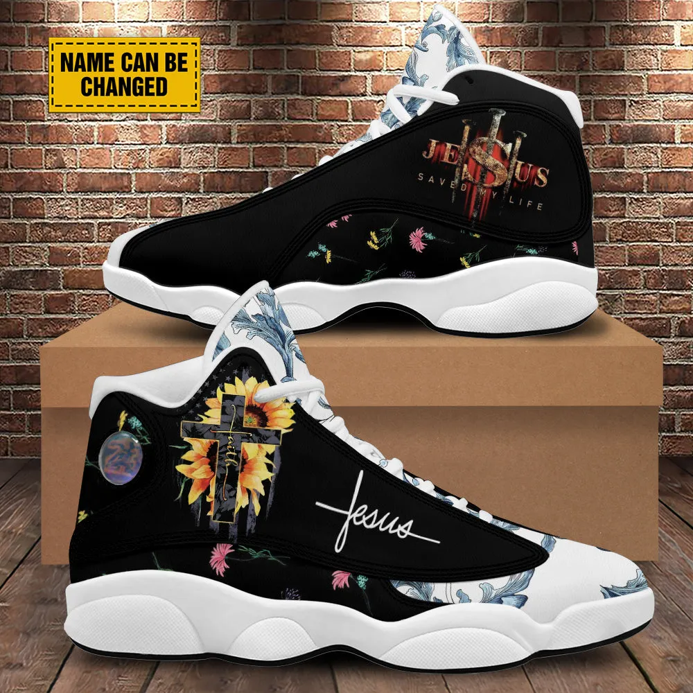 Teesdily | Customized Sunflower Jesus Cross Basketball Shoes, Jesus Saved My Life Running Shoes, Unisex Shoes With Thick Sole