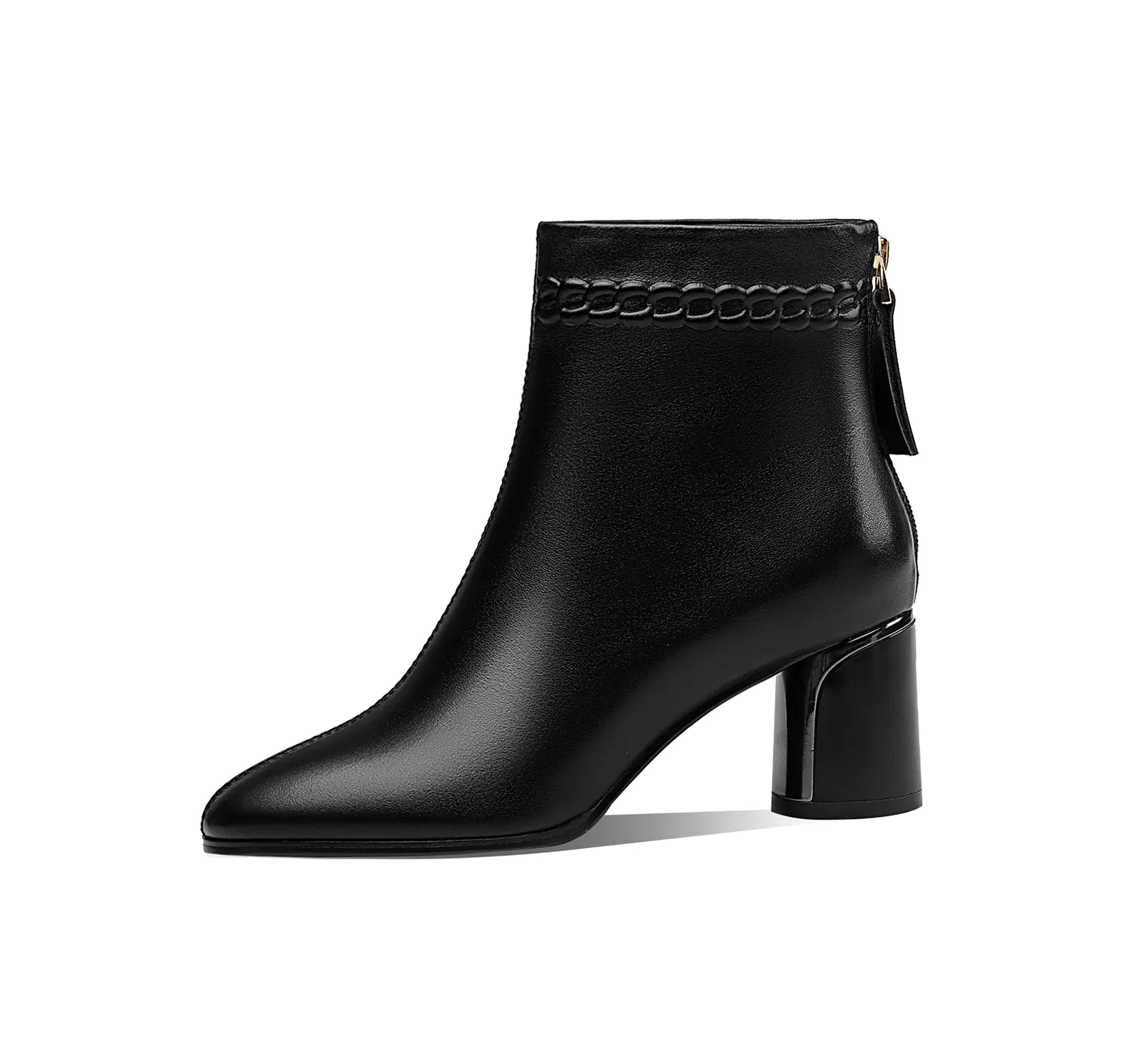 TinaCus Handmade Women's Genuine Leather Pointed Toe Back Zipper Mid Chunky Heel Ankle Boots
