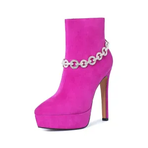 TinaCus Suede Leather Handmade Women's Sexy Stiletto Heel Side Zip Up Platform Glitter Rhinestones Decor Sexy Ankle Booties