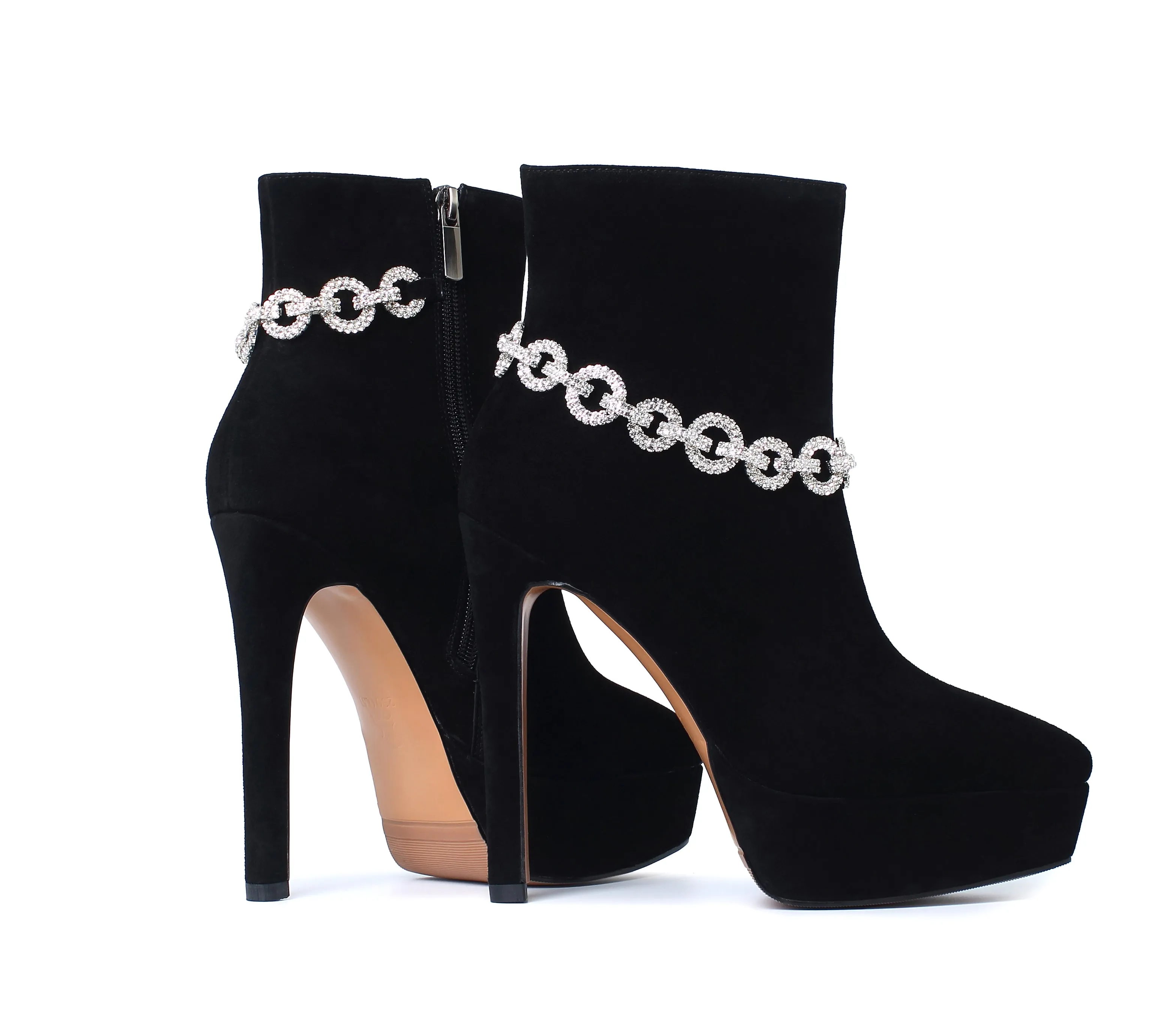 TinaCus Suede Leather Handmade Women's Sexy Stiletto Heel Side Zip Up Platform Glitter Rhinestones Decor Sexy Ankle Booties