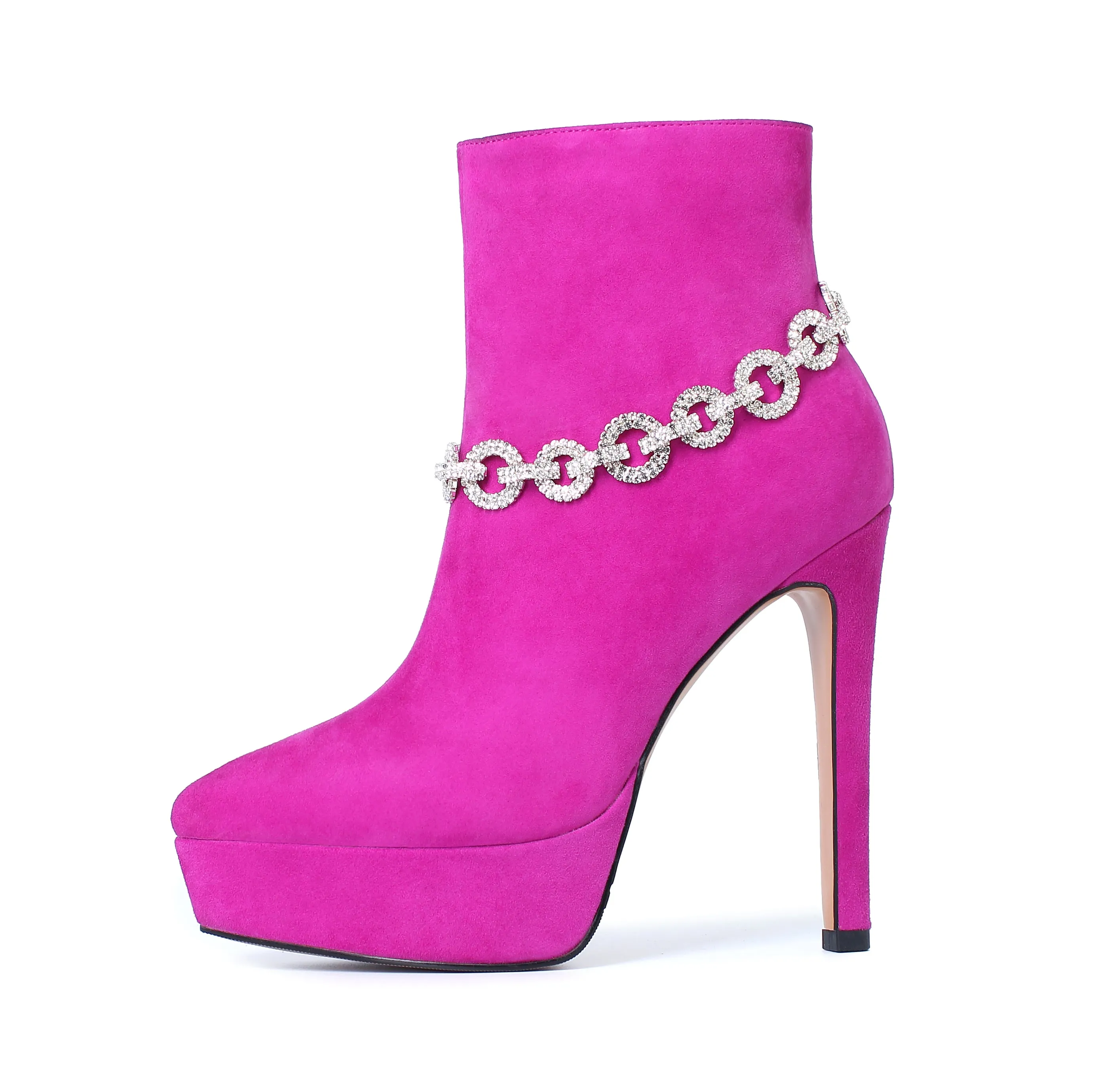 TinaCus Suede Leather Handmade Women's Sexy Stiletto Heel Side Zip Up Platform Glitter Rhinestones Decor Sexy Ankle Booties