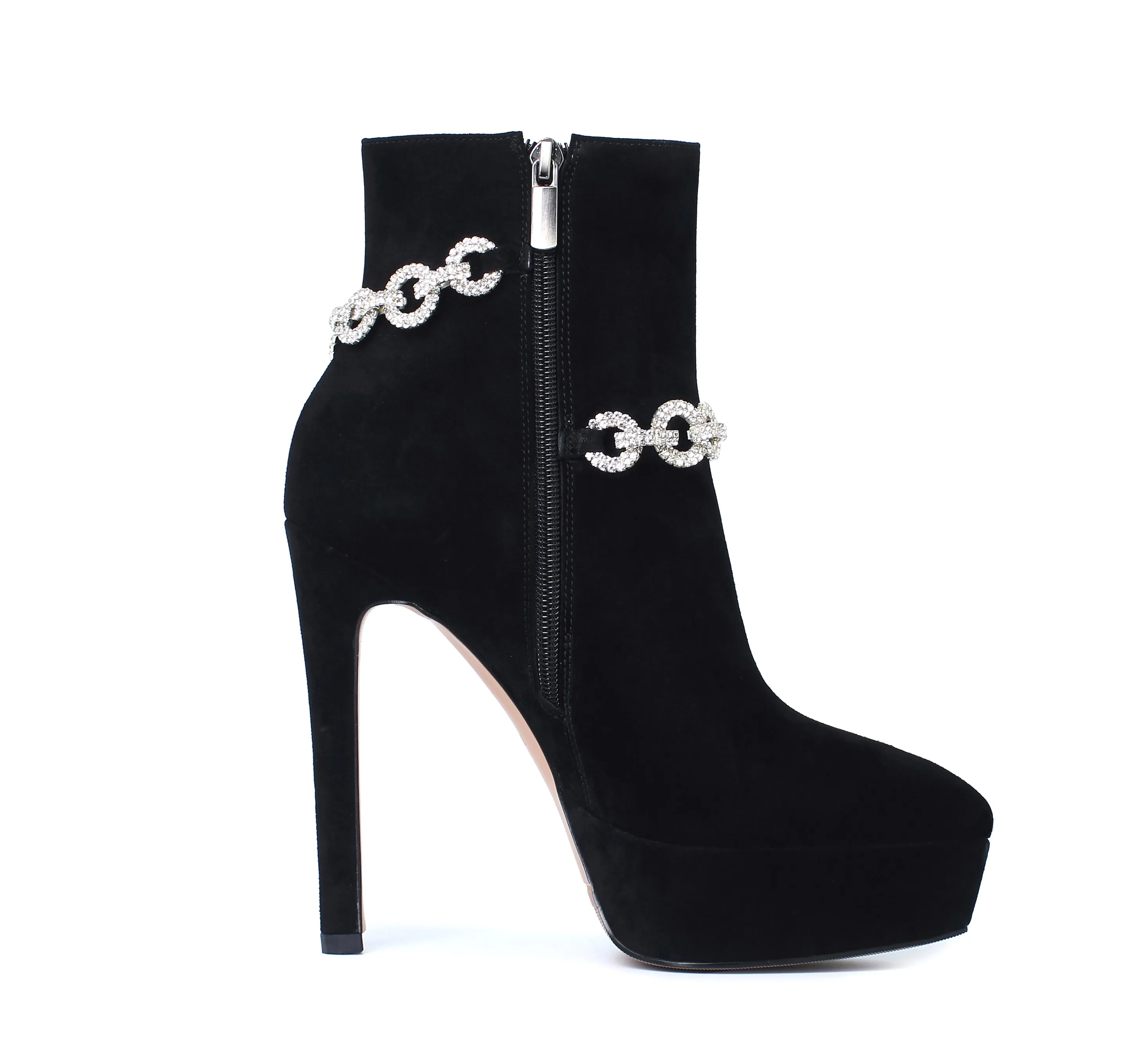 TinaCus Suede Leather Handmade Women's Sexy Stiletto Heel Side Zip Up Platform Glitter Rhinestones Decor Sexy Ankle Booties
