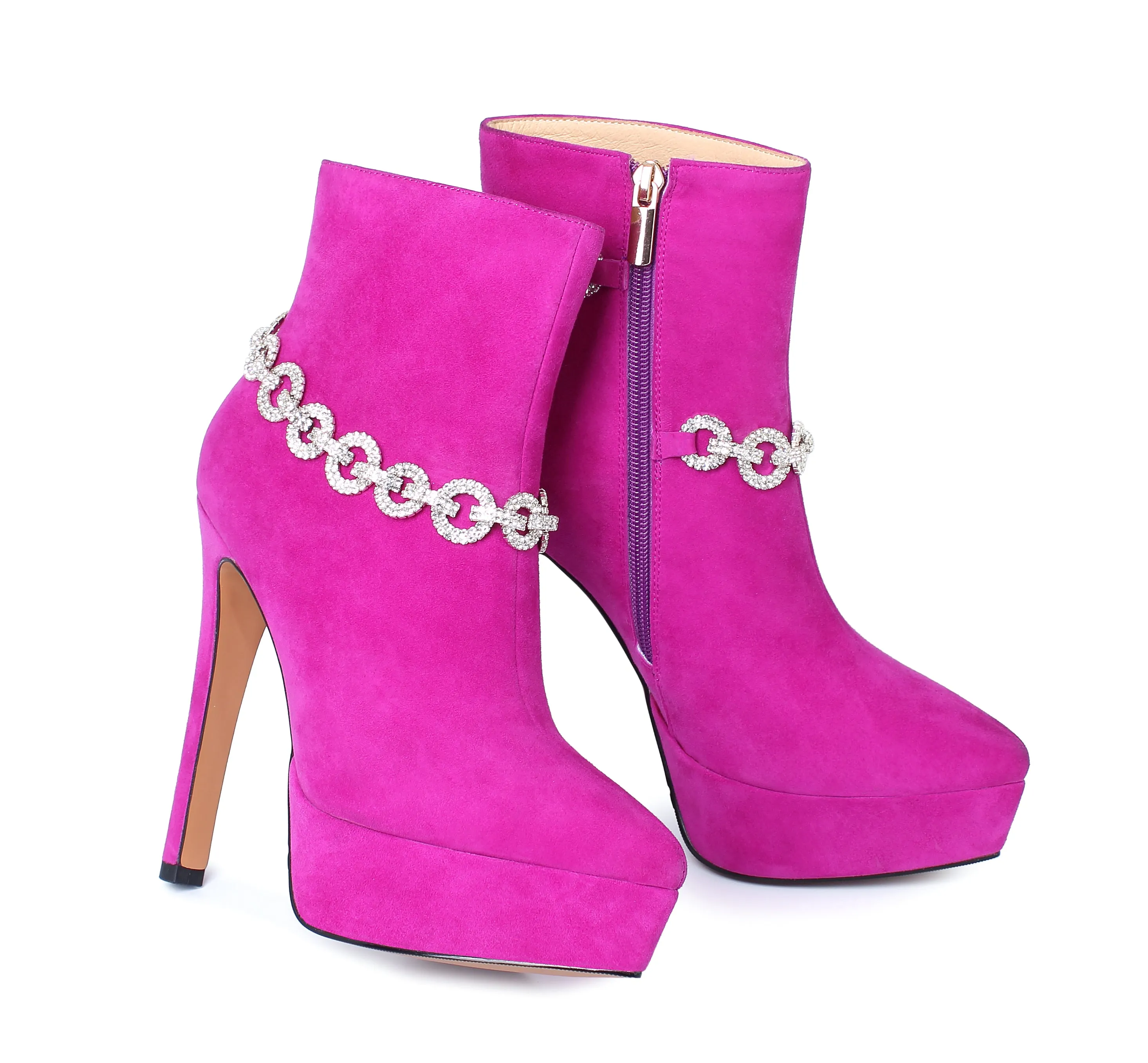 TinaCus Suede Leather Handmade Women's Sexy Stiletto Heel Side Zip Up Platform Glitter Rhinestones Decor Sexy Ankle Booties