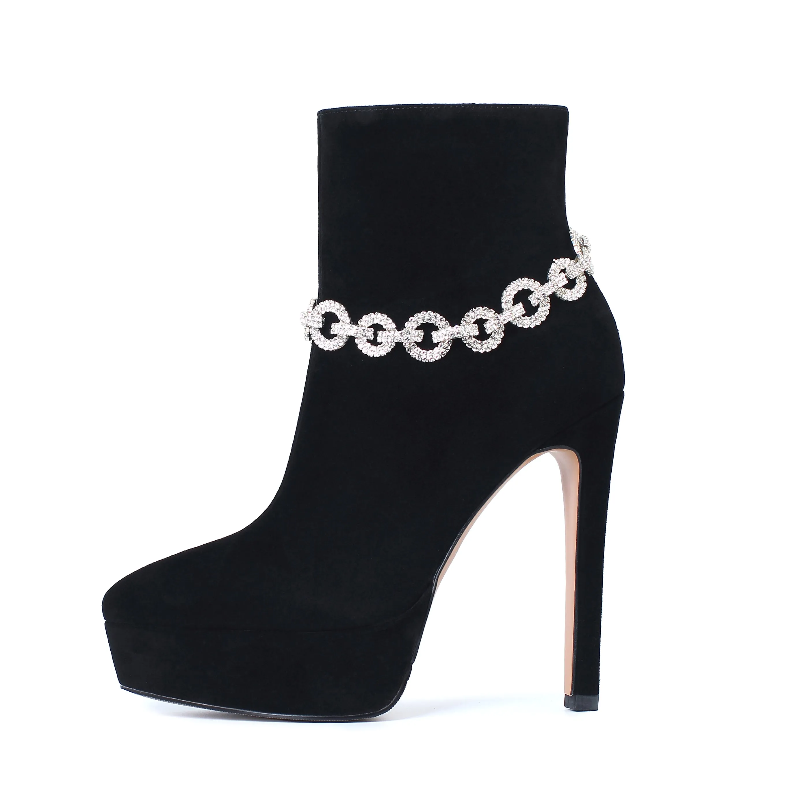 TinaCus Suede Leather Handmade Women's Sexy Stiletto Heel Side Zip Up Platform Glitter Rhinestones Decor Sexy Ankle Booties