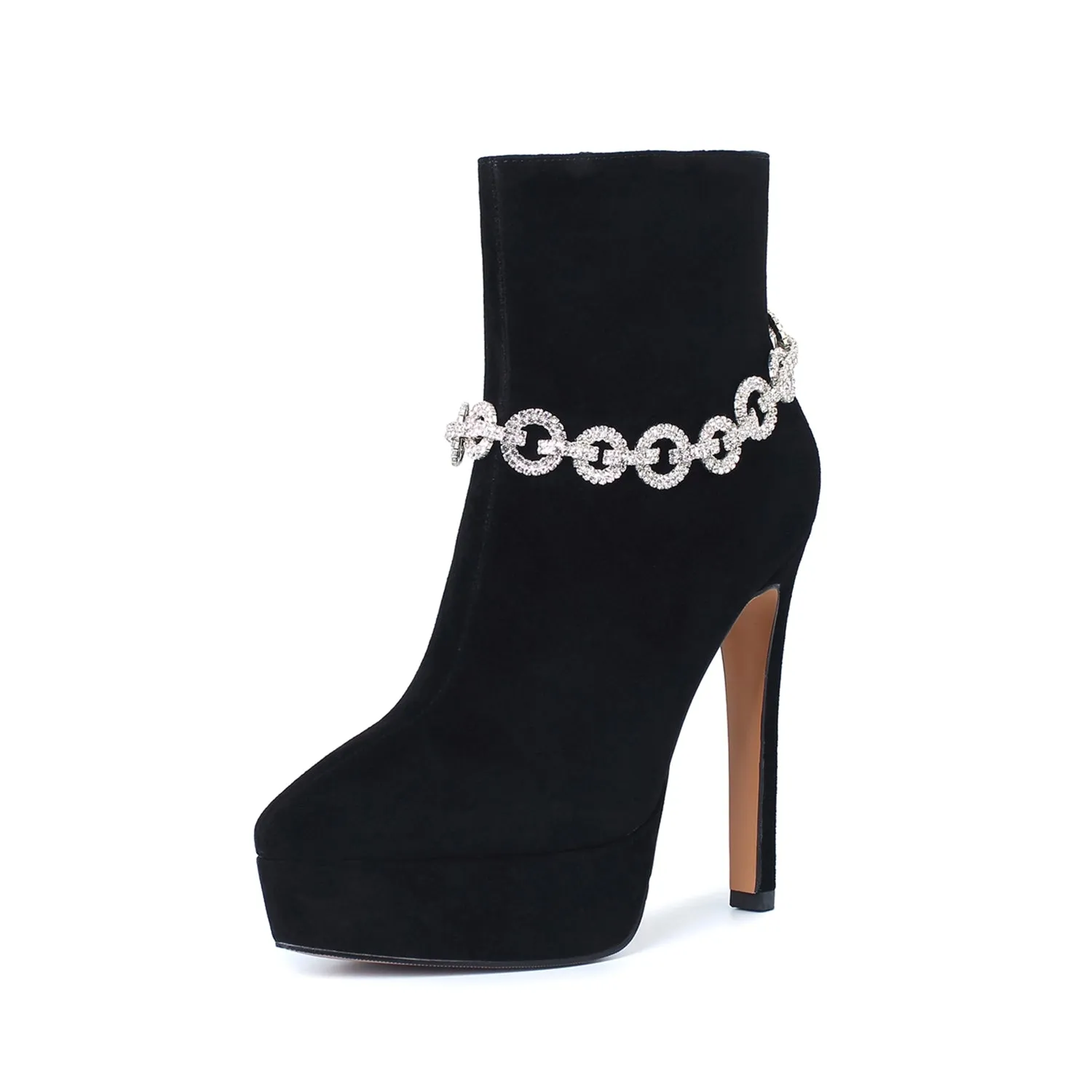 TinaCus Suede Leather Handmade Women's Sexy Stiletto Heel Side Zip Up Platform Glitter Rhinestones Decor Sexy Ankle Booties